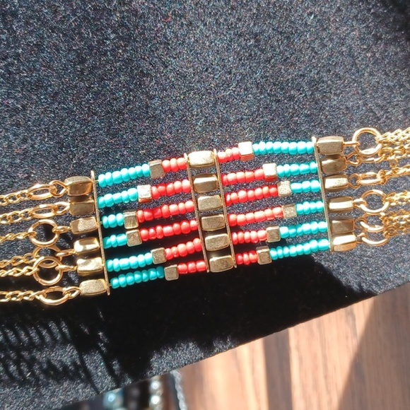 Beaded Layered multistrand necklace, gold, turquoise, red. 20-22" drop - Picture 2 of 4